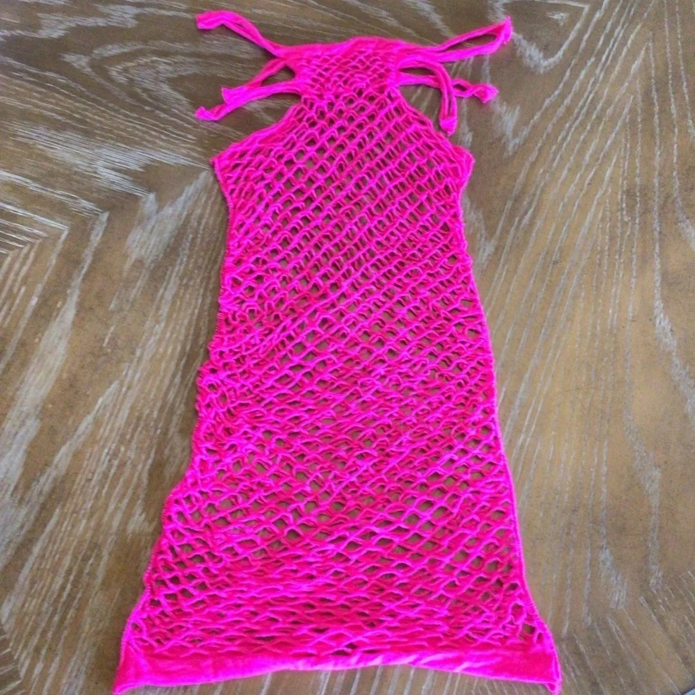Womens Sexy Neon Pink Fishnet Swimsuit Coverup Bodycon Dress One Size